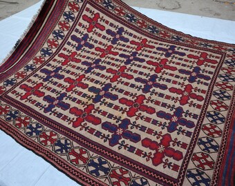 Antique Kilim Rug, 6'6x8'1 Flat weave Handmade Wool Area Rug, Geometric Afghan Soumak Rug, Oriental Turkmen Rug, Bedroom Rug Living room Rug