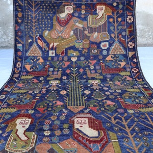 Collectors piece 4x7 ft Vintage Pictorial Rug, Afghan Handmade High Pile Baluch Rug, Natural dyes Wool Area Rug, Antique Oriental Tribal Rug