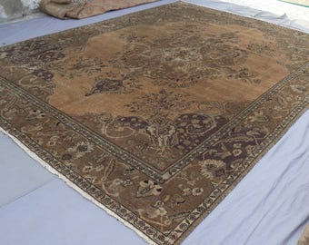 10x13 Large 1930s Antique Rug, Afghan Handmade Wool Rug, Low Pile Faded Rug, Terracotta Orange Caucasian Carpet, Living Room Rug, 9&#39;4x12&#39;8&quot;