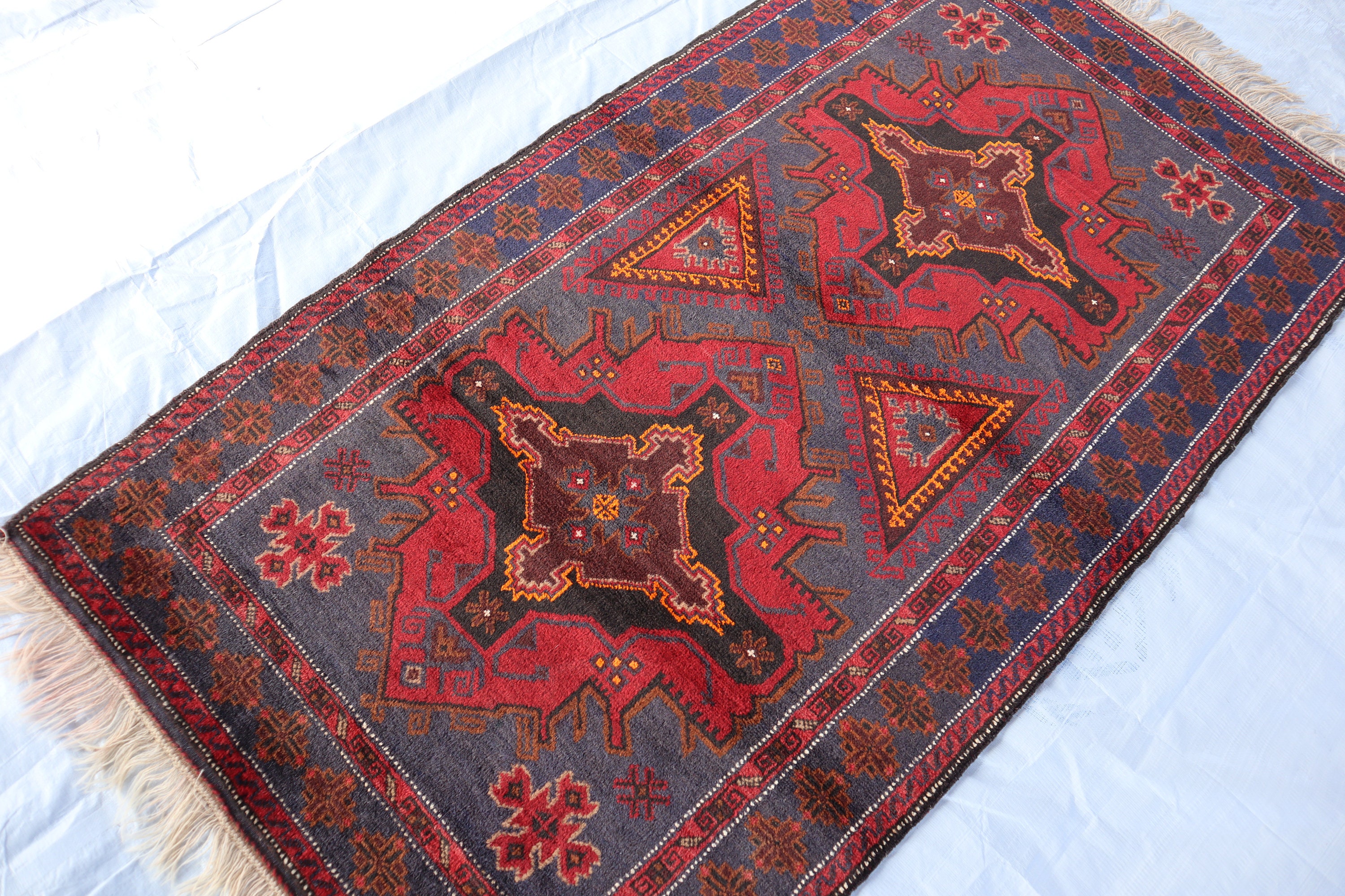 Vintage Baluch Rug, 3'8x6'5 Ft Afghan Navy Blue Red Area Rug