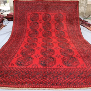 1960s Antique Ersari Rug 7x9 Red Vintage Afghan Hand Knotted Wool rug, Elephant foot design Tribal Rug, Oriental Area Rug, Living Room Rug