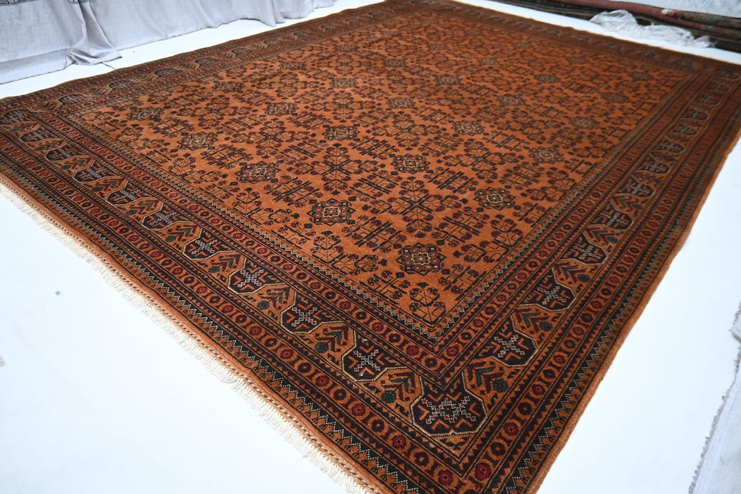 10x13 Large Rug, Brownish Terracotta Afghan Vintage Pattern Bukhara Rug ...
