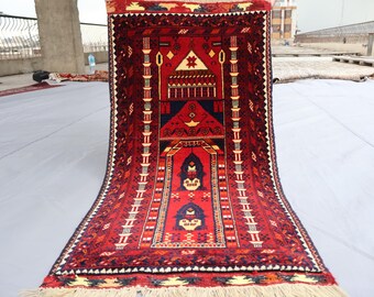 1&#39;9x3&#39;8 ft Handmade Muslim Prayer Rug, Fine Quality Vintage Afghan Spiritual Rug, High Pile Natural dyes Wool Prayer Carpet, Prayer Mat Rug