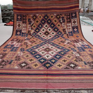 6x11 ft Antique Kilim Rug, Pinkish Red Terracotta Vintage faded 1960s Afghan Handmade Geometric Kilim Wool Area Rug - Rugs for Living room