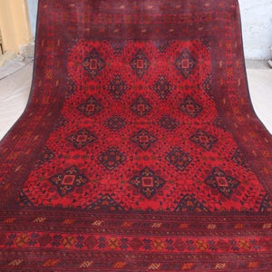 6x8 Large Geometric Vintage Rug - Afghan Caucasian design High Pile Wool Rug - Authentic Handmade Red Rug, Oriental Turkmen Rug, Bedroom Rug