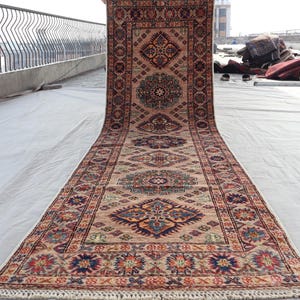 2&#39;4x8&#39;5 ft Runner rug, Taupe Beige Kazak Caucasian Afghan Hand Knotted Veg Dyes Wool Runner Rug - Geometric Oriental Rug, Hallway Runner Rug
