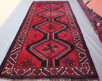 1940s Vintage Rug 4x8 Afghan Handmade Antique low Pile Rug, Black Red Oriental Wool Rug, Handmade Geometric, Turkmen Tribal Rug, Kitchen Rug