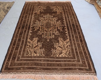 1940er Antiker Teppich 4x7 Afghanischer Geometrischer Belutschischer Teppich, Turkmenischer Handgefertigter Wollteppich, Wohnzimmer Teppich, Schlafzimmer Teppich