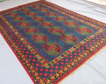 6'4x9'8 ft Handmade Blue Rug, Afghan Ersari Tribal Rug, Veg dyes Wool Area Rug, High Pile Soft Carpet, Oriental Turkmen Rug, Living Room Rug