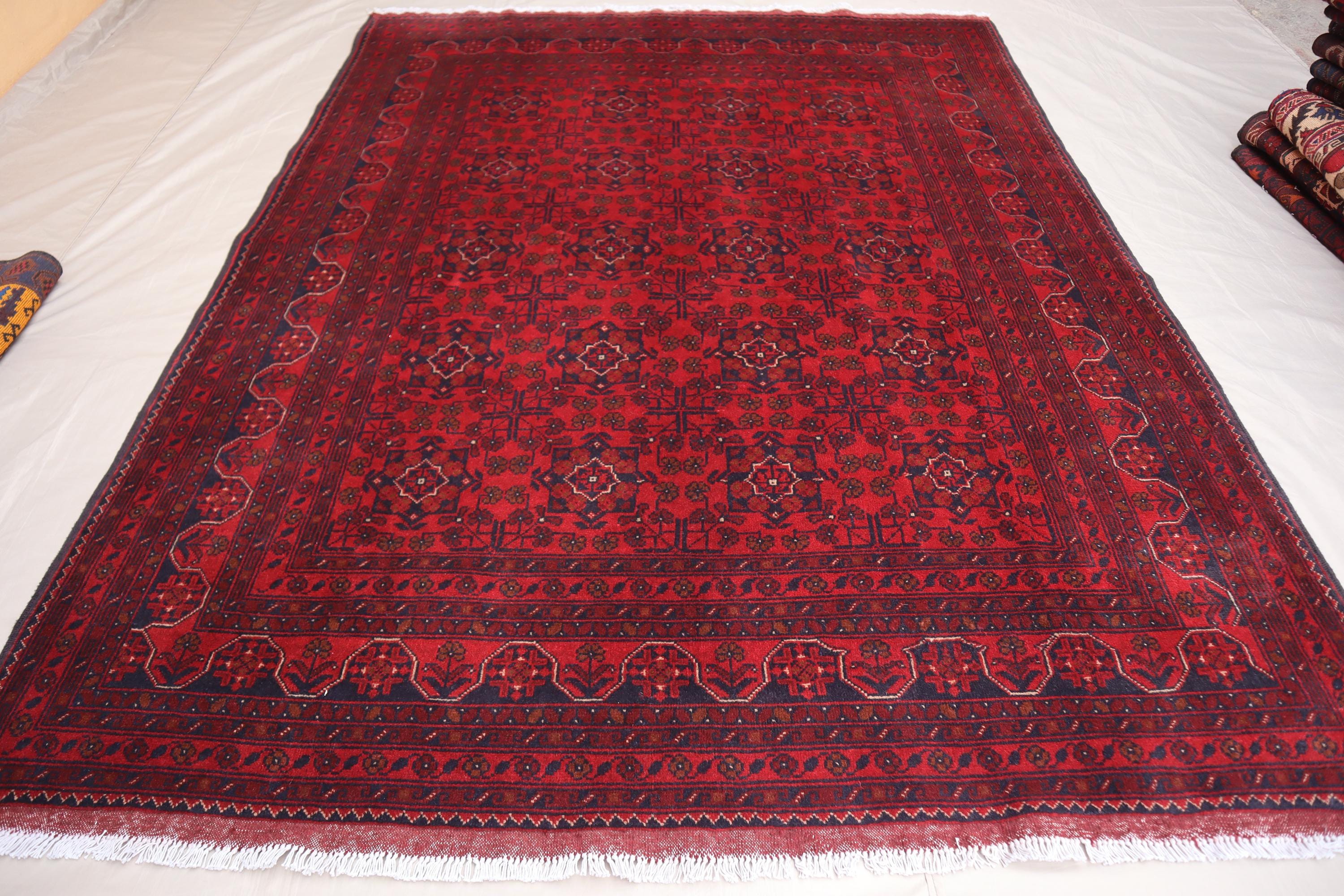 Afghan Bukhara rug 6x8 Custom Size Oriental Turkmen Hand-Knotted Wool rug, Khal Mohammadi High Pile Vintage Carpet, Tribal Rug, Red Area rug