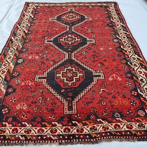 Antique Caucasian Rug 5x8 Afghan Handmade Wool Low Pile Faded Vintage Distressed Rug, Living Room Rug, Farmhouse Art Carpet, Red Bedroom Rug