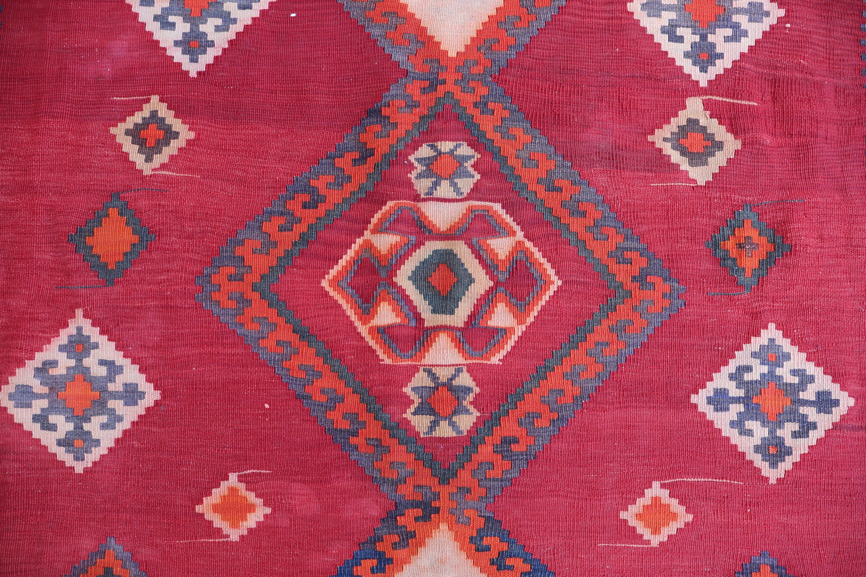 7 x 9 フィートのアンティーク キリム ラグ、赤 ヴィンテージ 色あせ