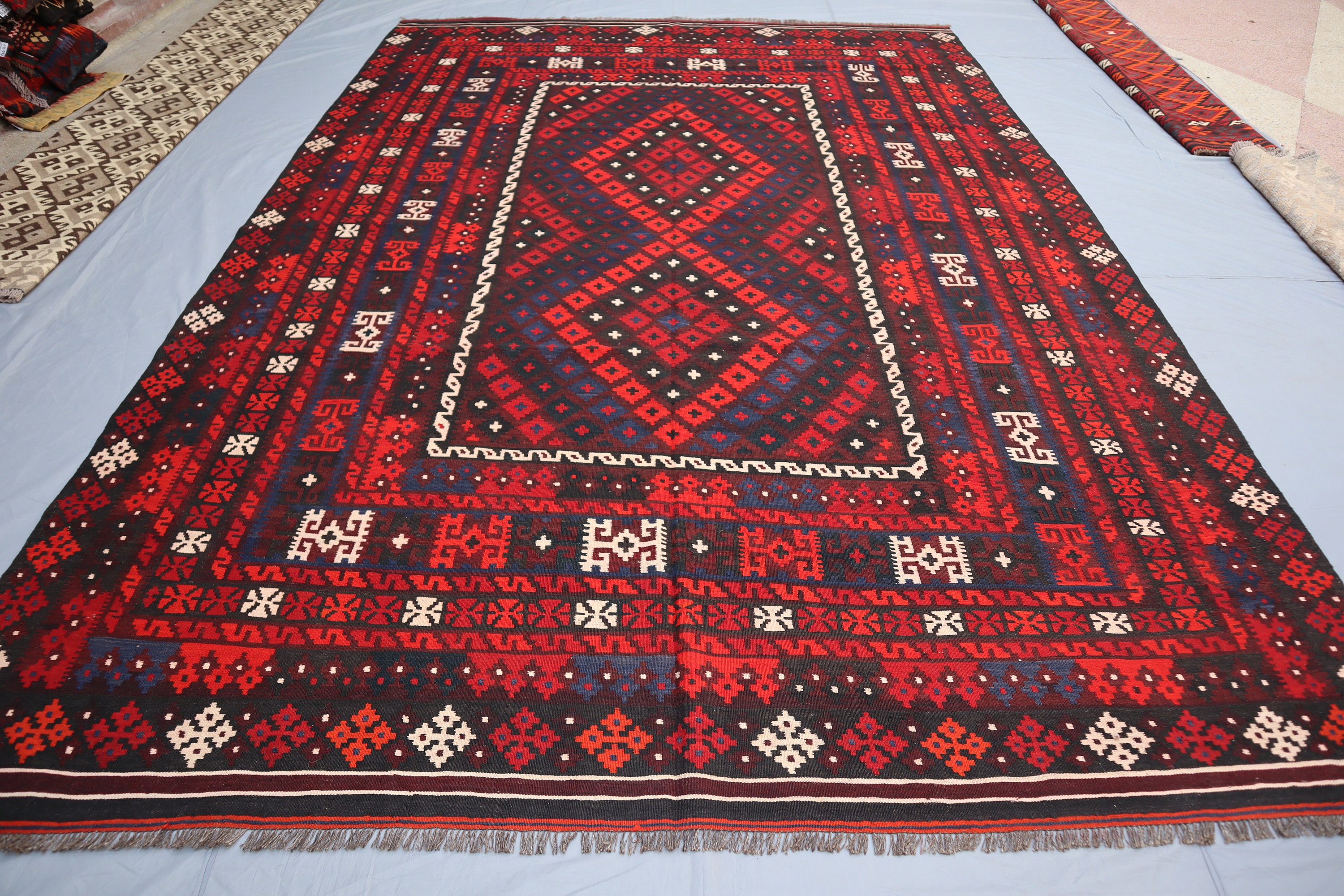 8'6x12'6 ft Large Antique Rug Afghan Handmade Kilim Wool Rug, Geometric Caucasian Style Vintage Rug, Flatweave Oriental Rug Boho Turkish Rug