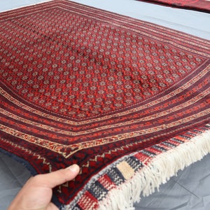 Red Bokhara Rug, 7x10 ft Traditional Afghan Hand Knotted veg dyes Wool Area Rug, Oriental Turkmen Rug, Semi Antique Collectibles Tribal rug