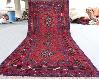 4x9 Antique Geometric Afghan Rug, Handmade veg dyes Wool Area Rug, Vintage Tribal Caucasian Brown Navy Blue Red Oriental Rug, Kitchen Carpet