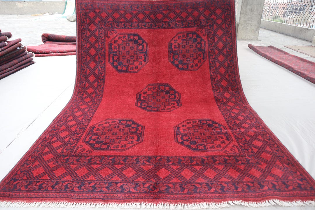 5x7 Vintage Red Afghan Ersari Rug - Turkmen Hand Knotted Wool Area Rug ...