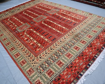 7x10 ft Large Afghan Bukhara Parda Rug - Red Handmade Wool Soft Pile Rug - Turkmen Tribal Area rug - Living Room Rug - Oriental Vintage Rug