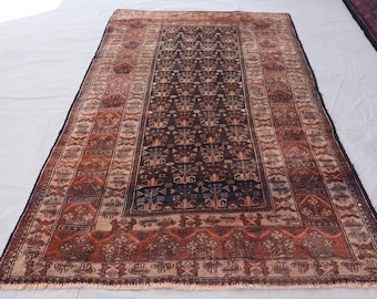 1920s Antique 3&#39;5x5&#39;6 ft Afghan Distressed Rug, Terracotta Vintage faded Low Pile Handmade Wool Carpet, Turkmen Tribal Rug, Bedroom Rug 4x6