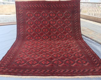 7x10 Large Vintage Rug 6'8x9'4 ft Afghan Handmade Wool Antique Rug, Turkmen Tribal Rug, Geometric rug, Red Oriental Area Rug for Living Room