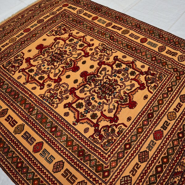 5x6 Antiek Kilim Tapijt - Geel Afghaans handgemaakt wollen Kilim Tapijt - Vintage Barjasta Turkmeens Tapijt - Oosterse tapijten voor woonkamer - Slaapkamerkleed