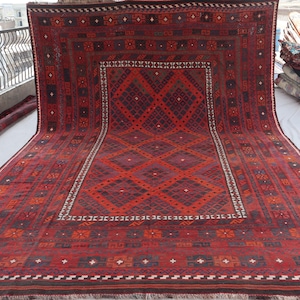 8&#39;5x13 ft Vintage Rug, Orange Red Afghan Flatweave Kilim Rug, Turkmen Handmade Wool Rug, Oriental Geometric Rug, Bedroom, Dining Table Rug