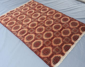 4x6 Antique Turkmen Sarouki Bukhara Rug Handmade Vintage Rust Terracotta Faded Muted Rug, Oriental Rug, Tribal Wool Area Rug, Bedroom Carpet