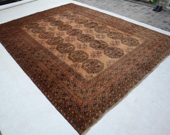 1920s Antique 8x11 Rug, Afghan Vintage faded Terracotta Rug, Tribal Low Pile Rug, Handmade Wool Rug, Turkmen Oriental Rug, Living Room Rug