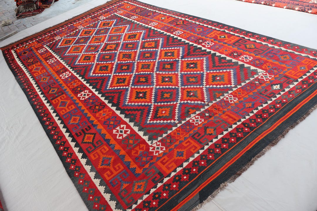 8'7x15'8 Ft Orange Antique Rug Geometric Afghan Large Rug, Turkmen ...