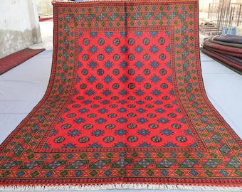 20x250 Roter Teppich, Grün Braun Blauer Afghanischer Teppich Handgeknüpfter Wollteppich, turkmenischer Tribal Buchara Teppich, Orientteppich