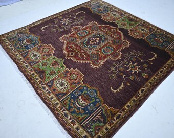 Dywan kwadratowy 7x7, bordowy dywan kaukaski, ręcznie tkany dywan wełniany plemienny, dywan orientalny, dywan do salonu, dywan do jadalni, dywan do sypialni
