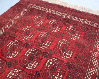Vintage Ersari Rug, 6&#39;4x9&#39;1 ft Turkmen Tribal Bukhara Rug, Afghan Handmade Wool Area Rug, Antique Oriental Red Rug, Living Room, Bedroom Rug