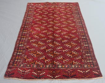 1940s Vintage Rug 3'9x6'5 ft Turkmen Yomut Bukhara Rug Afghan Handmade Wool Area Rug, Purple Shape Red Oriental Rug for Bedroom, Kitchen Rug