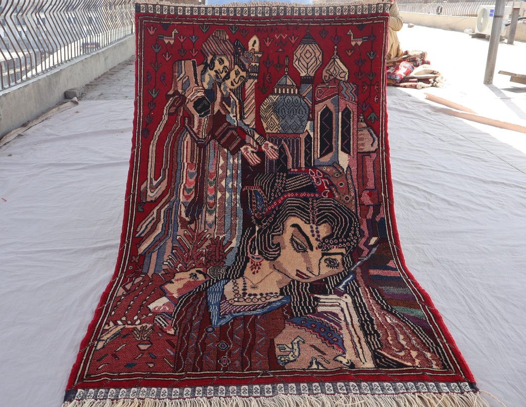 Buy 3x5 Queen Pictorial Rug, Handmade Rug, Vintage Wool Area Rug