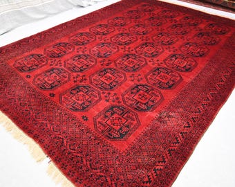 9x13 Large Vintage Rug, Red Afghan Handmade Wool Geometric Area Rug, Antique Turkmen Old Style Tribal Area Rug, Rug for living room, Bedroom