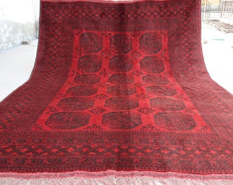 7x9 Afghan Vintage Rug Turkmen Handmade Wool Ersari Area Rug, Antique Red Tribal Rug, Oriental Area Rug Living Room Rug, Dining Table Carpet