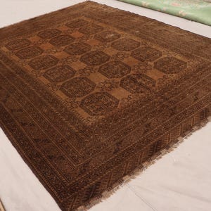 1920s Antique Terracotta Rug 6&#39;8x8&#39;6 Turkmen Tribal Low Pile Rug Distressed Faded Wool Rug Handmade Afghan Rug, Geometric Ersari Bukhara Rug