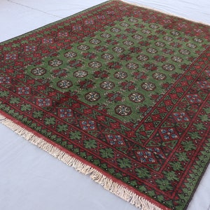 5x7 Afghan Bukhara Rug Turkmen Hand Knotted veg dyes Wool Oriental Rug, Tribal Area Rug, Red Blue Green Traditional Rug, Rug for Living Room
