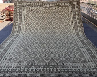 10x13 Large Kilim Rug, Afghan Authentic Handmade Wool Rug, Geometric Flatweave Kilim Rug, Natural Gray White Beige Rug, Bedroom Rug