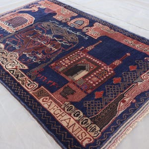 Vintage Pictorial rug - 3x5 ft Navy Blue Afghan Hand Knotted High Pile Wool rug - Handmade Pictorial, Kids room rug, Baluchi Tribal Area rug