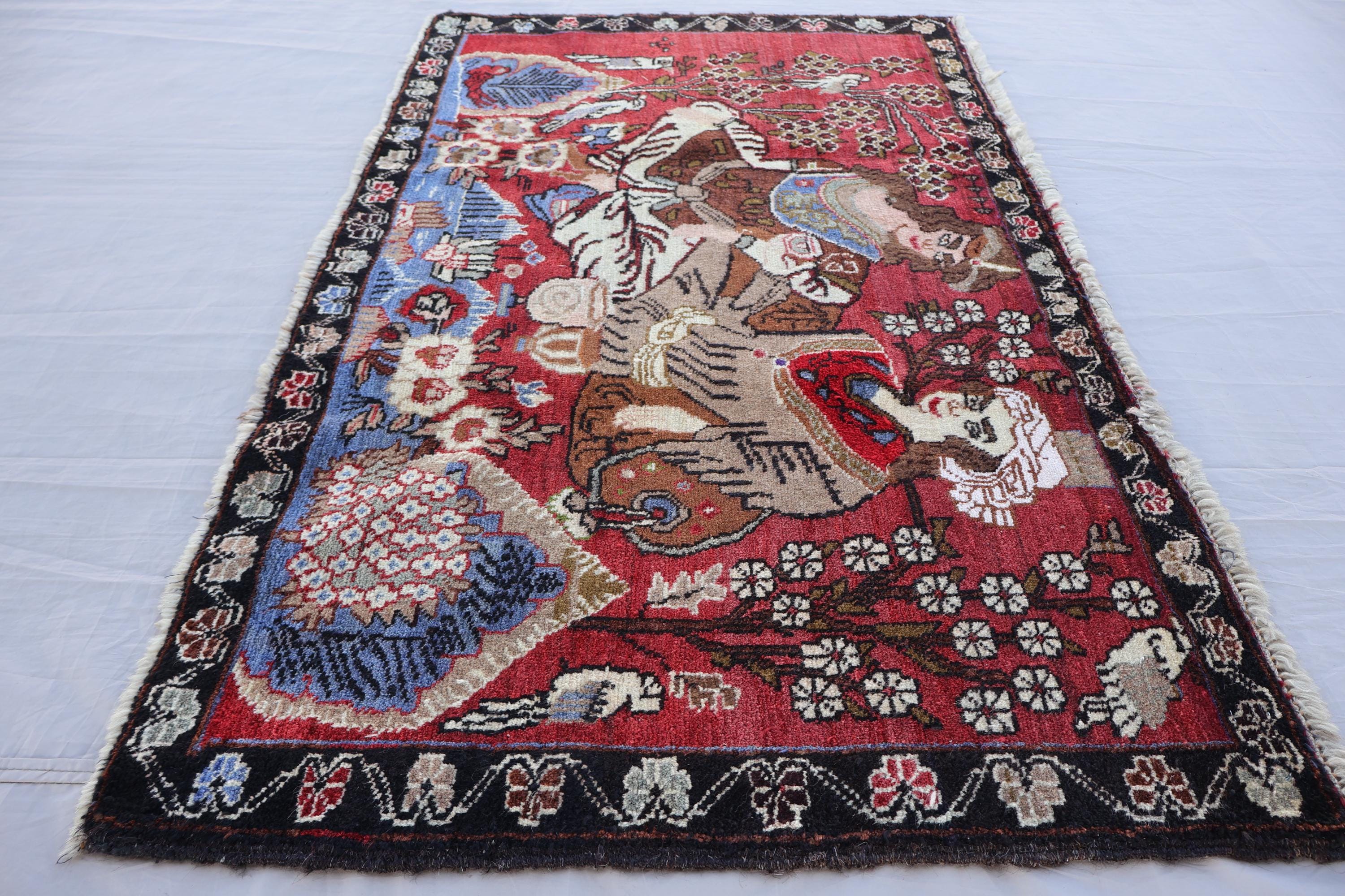 2'5x4'2 Ft Handmade Pictorial Rug, Vintage Wool Area Rug, Afghan Tribal ...