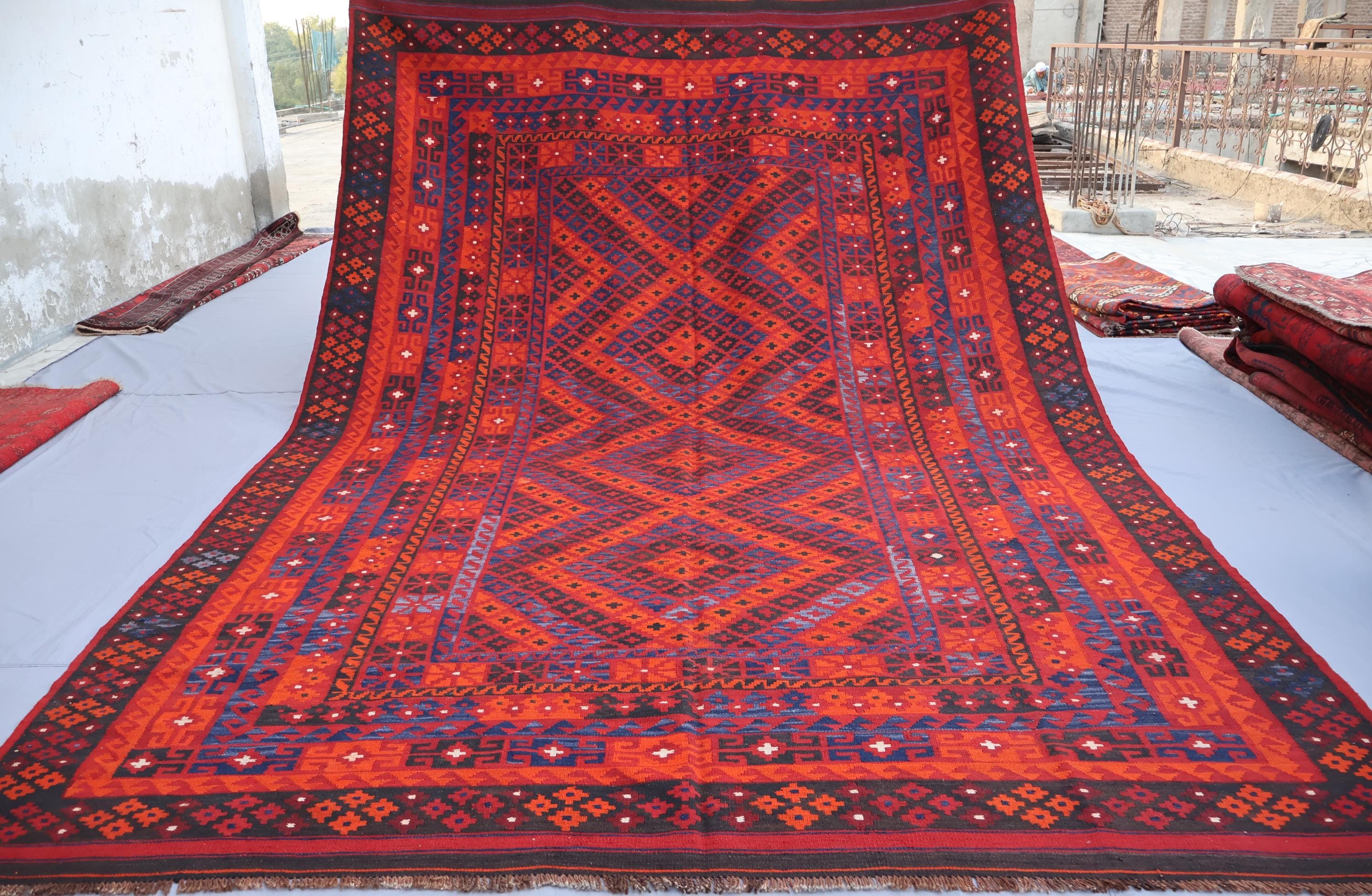 Antique Kilim Rug 8x13 Afghan Handmade Kilim Wool Area Rug, Navy