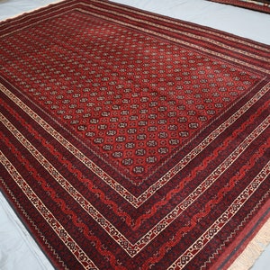 7x10 Dark Red Afghan Bukhara Rug, fine Turkmen Hand Knotted veg dyes Wool Area Rug, Large Tribal Rug, Rug for Living Room, 200x300 cm Carpet
