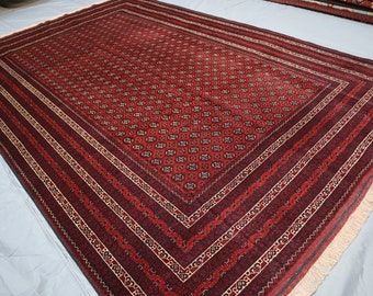 7x10 Dark Red Afghan Bukhara Rug, fine Turkmen Hand Knotted veg dyes Wool Area Rug, Large Tribal Rug, Rug for Living Room, 200x300 cm Carpet