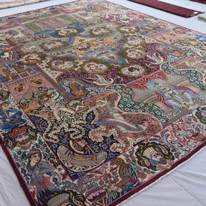 Collectors piece rug 10x13 Vintage Pictorial Rug, Handmade Wool Rug, Animal Hunting Ancient Royal Rug, Oriental Antique Rug, Living Room Rug