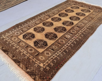 3'6x6'7" Brown Antique Afghan Geometric rug, Handmade Wool rug, Turkmen Tribal Tekke Bukhara Rug, Living Room Rug, Oriental Rug, Bedroom Rug
