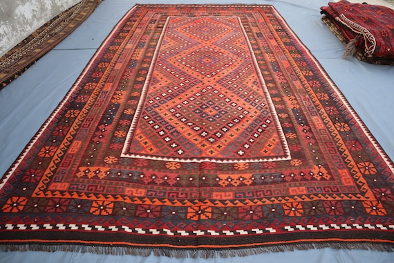 8x14 Oversize Vintage Rug, Authentic Afghan Handmade Kilim