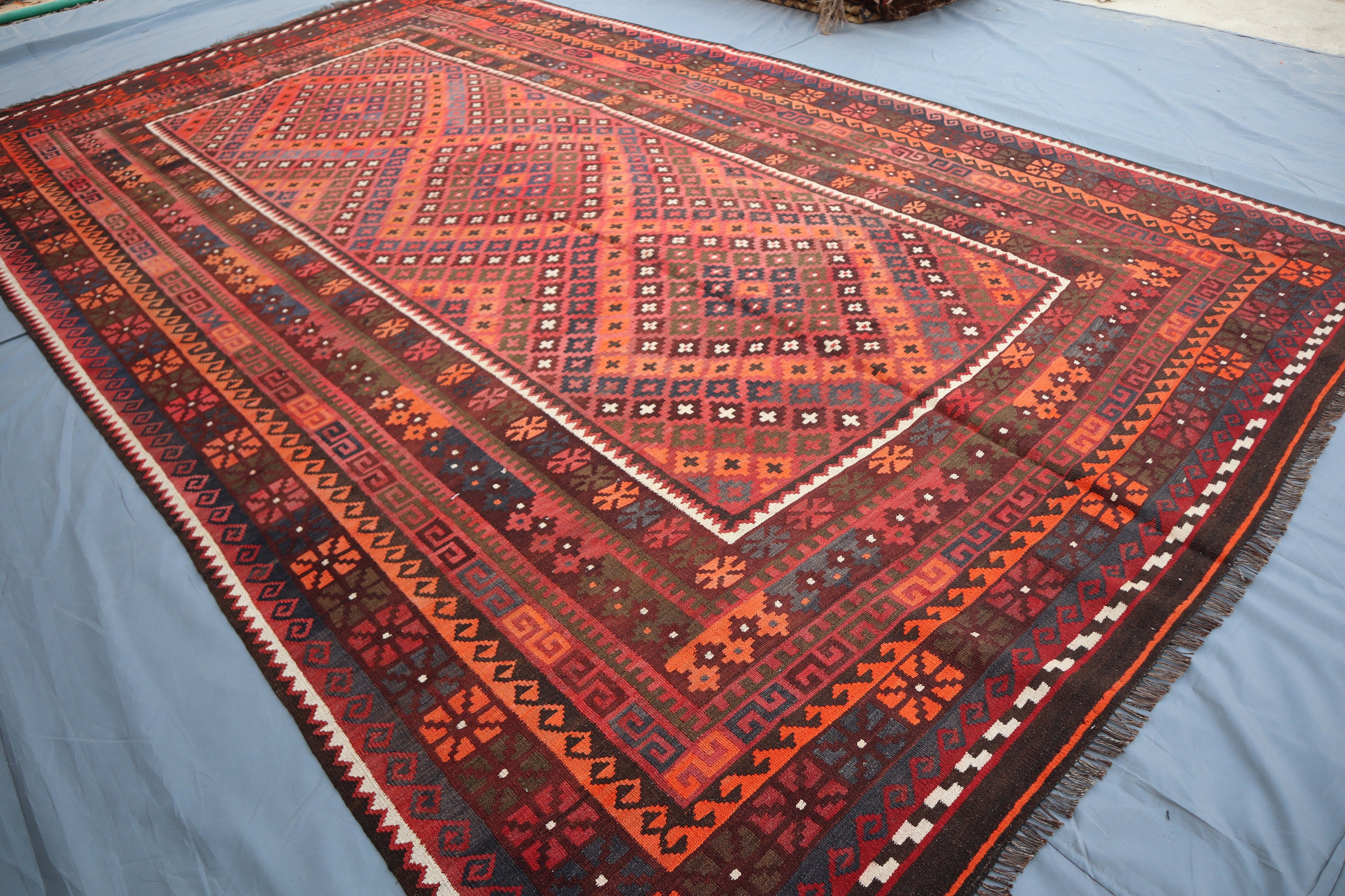 8x14 Oversize Vintage Rug, Authentic Afghan Handmade Kilim