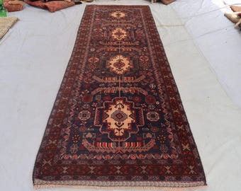 3'5x10'8 ft Antiker Läufer, Kaukasier Design Teppich, Marineblau Braun Rot Vintage Handgemachter Teppich Geometrischer Afghanischer Breiter Läufer, Küchenläufer