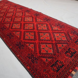 10 ft Red Runner Rug - Vintage Bukhara Runner rug - Afghan Handmade Wool Rug - Geometric Antique Turkmen rug, Hallway runner, Kitchen Runner