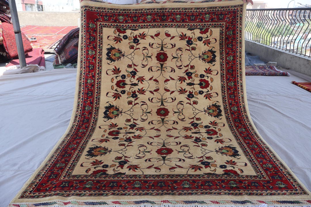 5x7 Tribal Area Rug - Beige Geometric Hand Knotted Wool Rug - Afghan ...